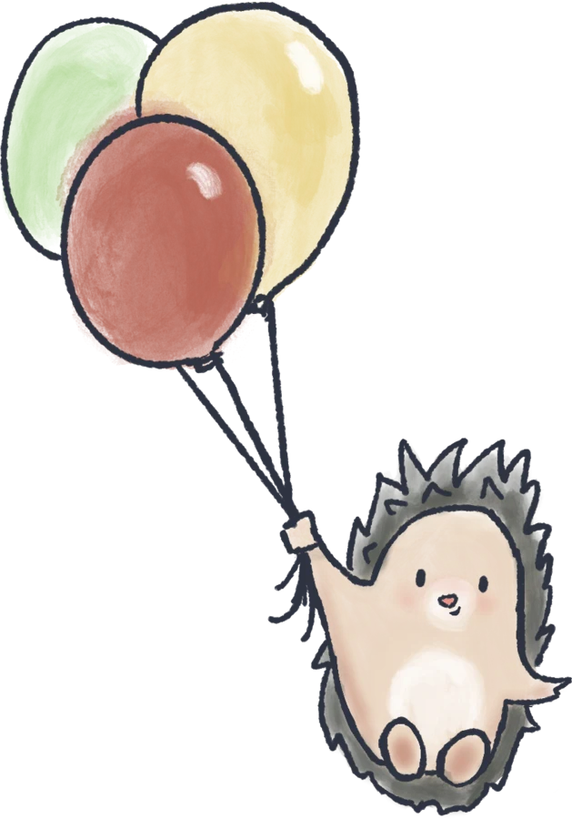 A hedgehog floating on a bunch of balloons