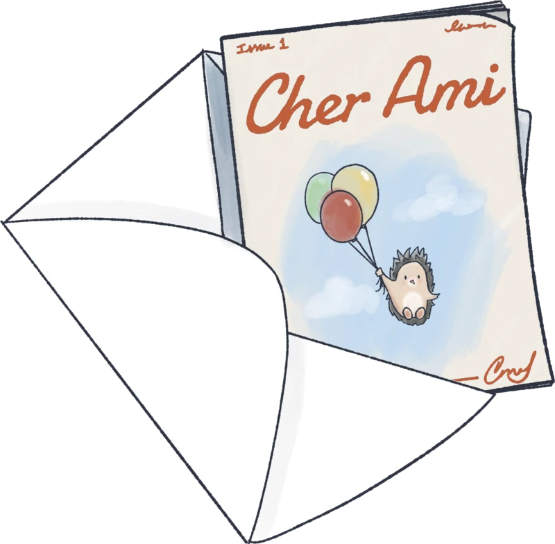 A Cher Ami magazine slipping out of its envelope