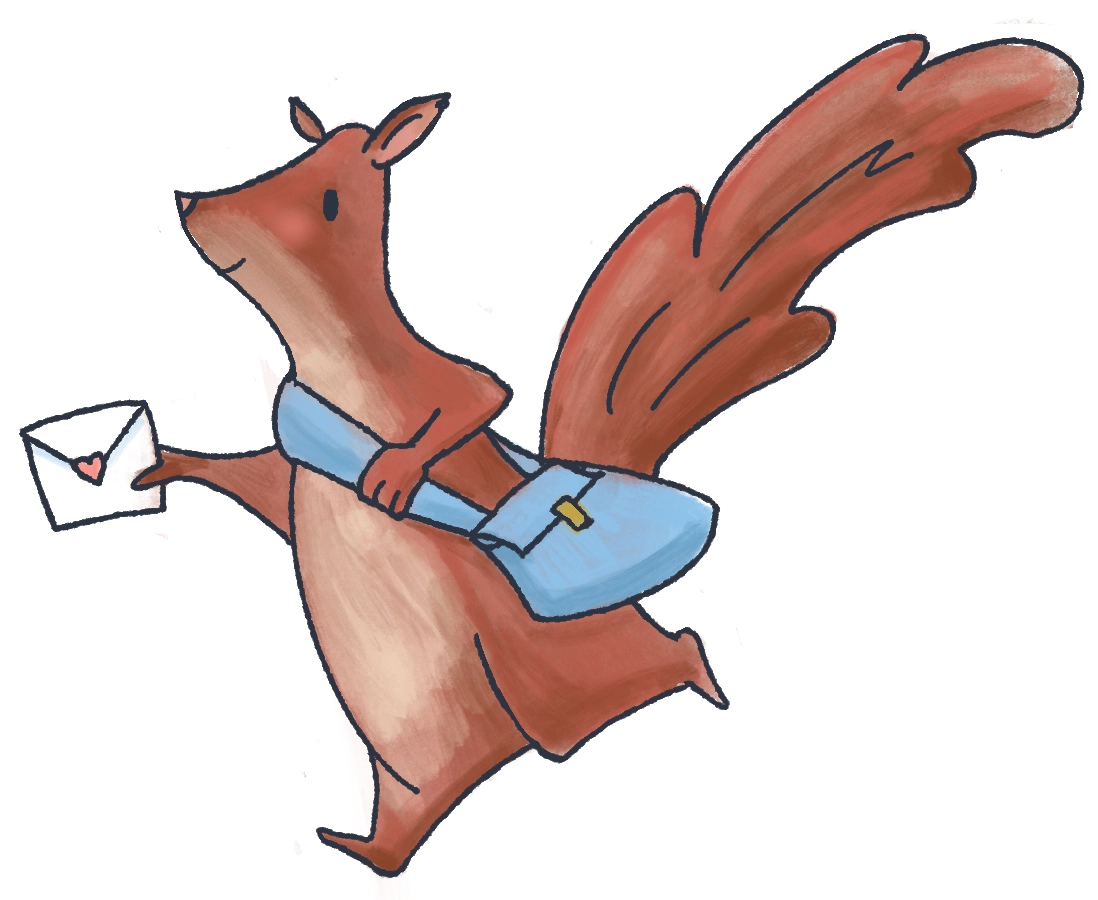 A squirrel mail carrier delivering a letter
